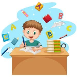 a boy doing homework with books on white background